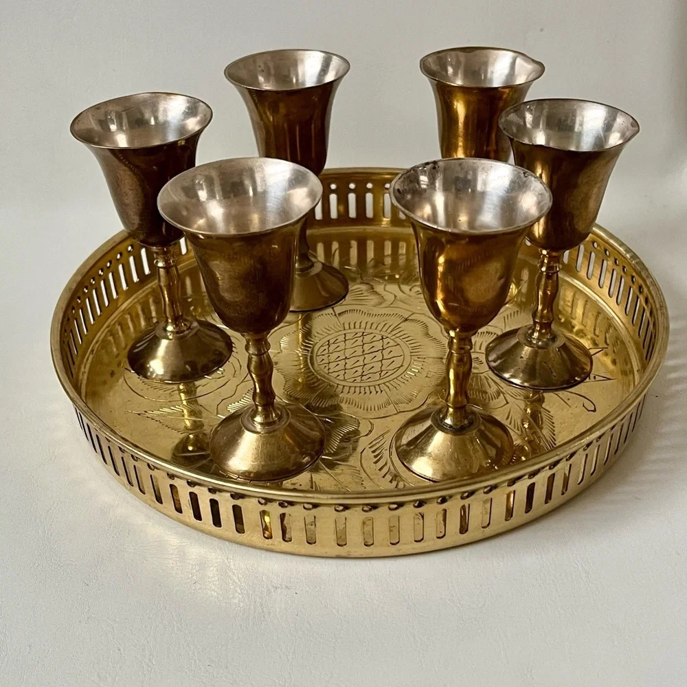 Elegant Brass and Silver Goblet Set with Tray